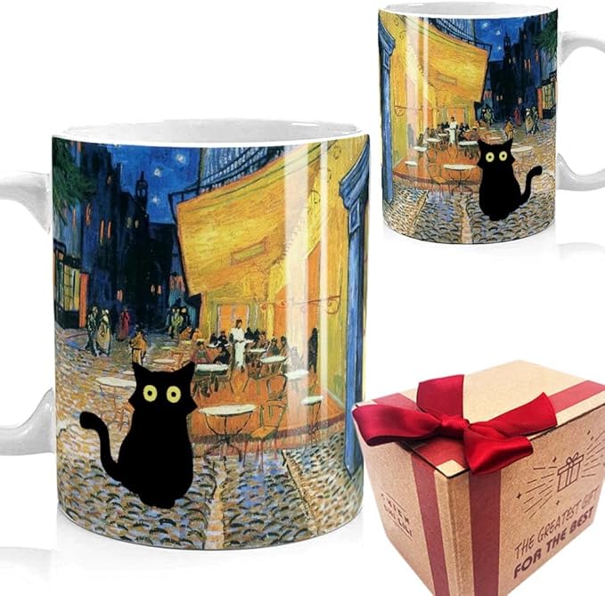 Famous Art Paintings Funny Cat Coffee Mug for Artist Art Lover Teacher Cat Lovers, Famous Picture Classic Vincent Aesthetic Canvas Mug Birthday Gift for Women Man (Terrace at Night)