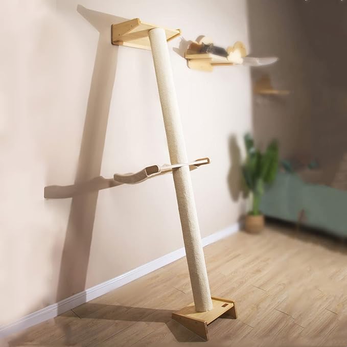 Modern 78.7“ Tall Leaning Wall Sisal Cat Tree Tower Scratching Post Pillar at 70 Degree Angle with Bed Hammock Perch, Cat Climbing Pole for Window (Sisal Cover)