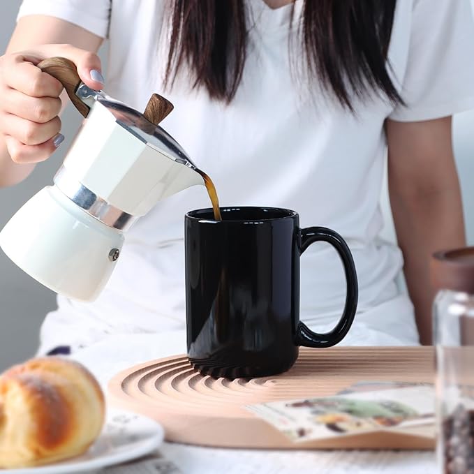 16 OZ Porcelain Coffee Mug, Classic Blank Ceramic Cup with Large Handle for Tea Latte Cappuccino, Black