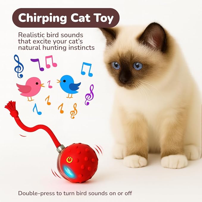 Interactive Cat Toy Ball for Indoor Cats – Fast Rolling on Carpet, Motion Activated with Chirping Sounds, Smart Play Toy (Crimson)