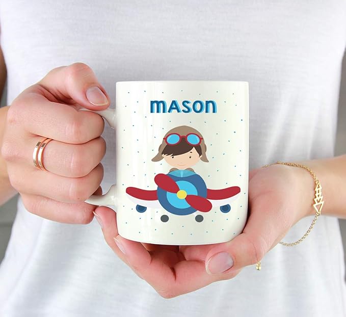 Andaz Press Personalized 11oz. Kids Hot Chocolate Mug, Boy Pilot in Airplane, 1-Pack, Custom Child’s Birthday Christmas Coffee Cup