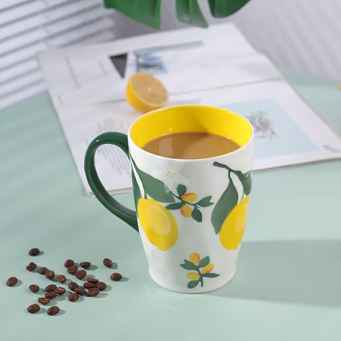 NymphFable Hand Painted Ceramic Large Coffee Mug with Handle 20oz Lemons Tea Cup Gifts for Women
