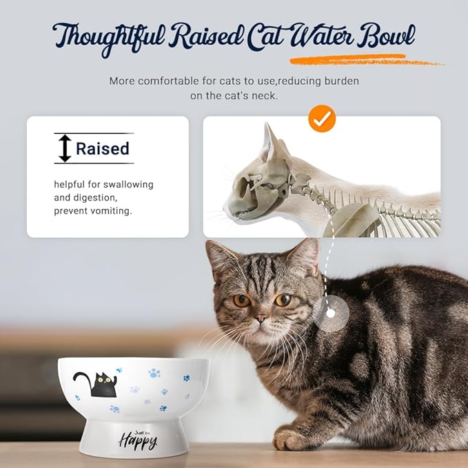 Porcelain Raised cat Bowl, 15-Ounce Raised Porcelain pet Bowl - Protects Your pet's Spine, Large-Capacity Non-Overflowing pet Bowl with Anti-Slip Strap, Dishwasher Safe (Blue)