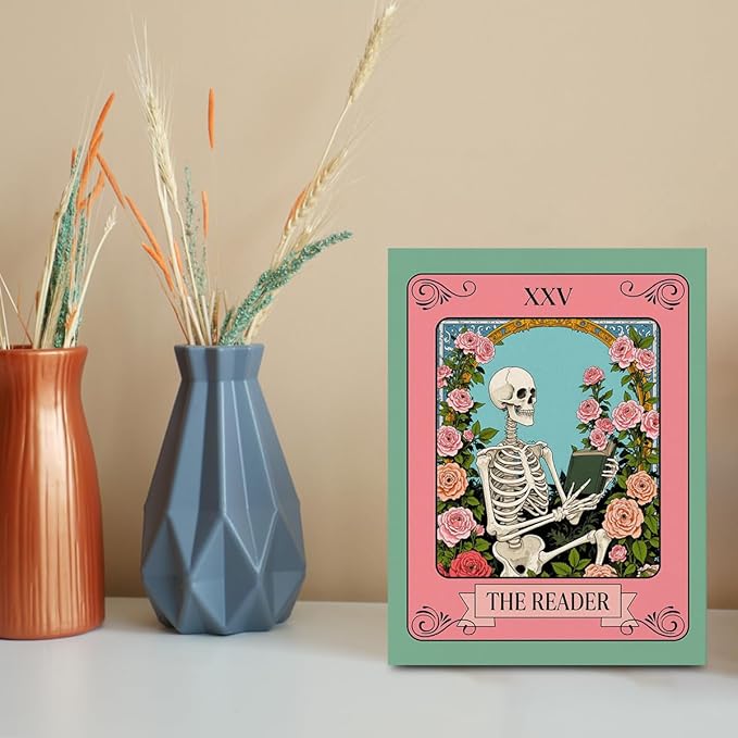 The Reader Tarot Card Wall Art, Funny Skeleton Wallpaper Artwork, Floral Framed Canvas Prints Whimsical Decor, Gothic Theme Prints for Living Room Entryway Bedroom Book Shelf 15x11.4 inch