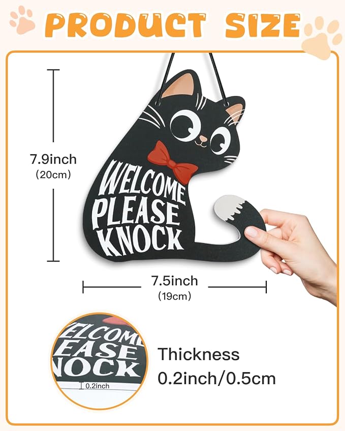 Putuo Decor Do Not Disturb Sign Welcome Please Knock, Cute Cat Door Sign Decor Reversible Double Sided Aesthetic Hanger Plaque for Room Front Door Porch Home Decor, Cat Lover Gifts Black