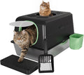 XL Stainless Steel Cat Litter Box with Lid, Enclosed High-Sided Top-Entry Design, Large Metal Kitty Litter Box Equipped with Scoop and Trash Bin, Black