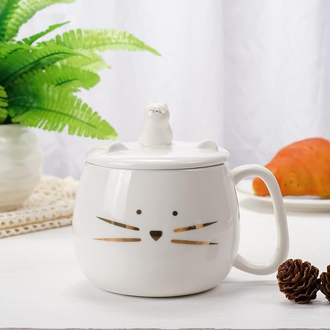 Koolkatkoo Unique Cat Coffee Mug with Lid for Cat Lover Cute Ceramic Tea Mugs with Holder for Cell Phone Porcelain Cup Have The Gold Kitten Gift for Women White