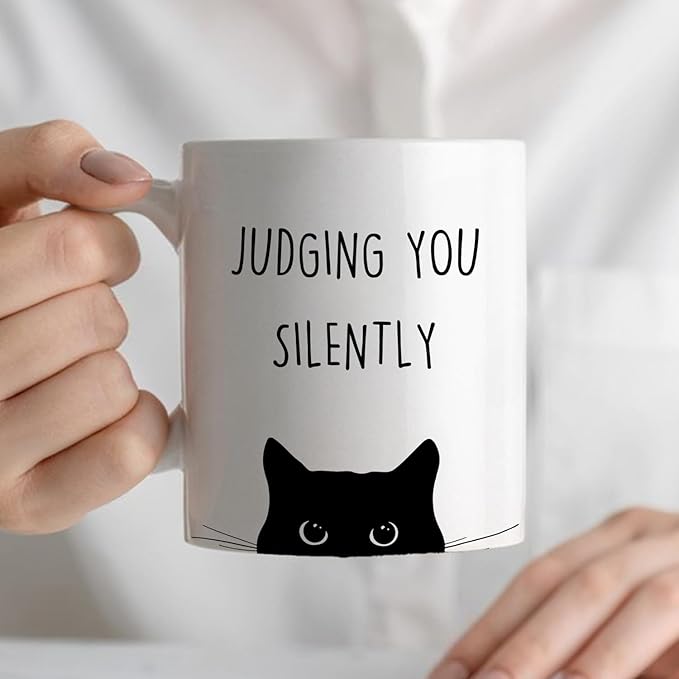 Funny Black Cat Mug, Black Cat Gifts Coffee Cup Ceramic, Cats Lover Lady Mom Dad Gifts, Judging You Silently Funny Kitty Kitten Ceramic Coffee Tea Mug 11 oz