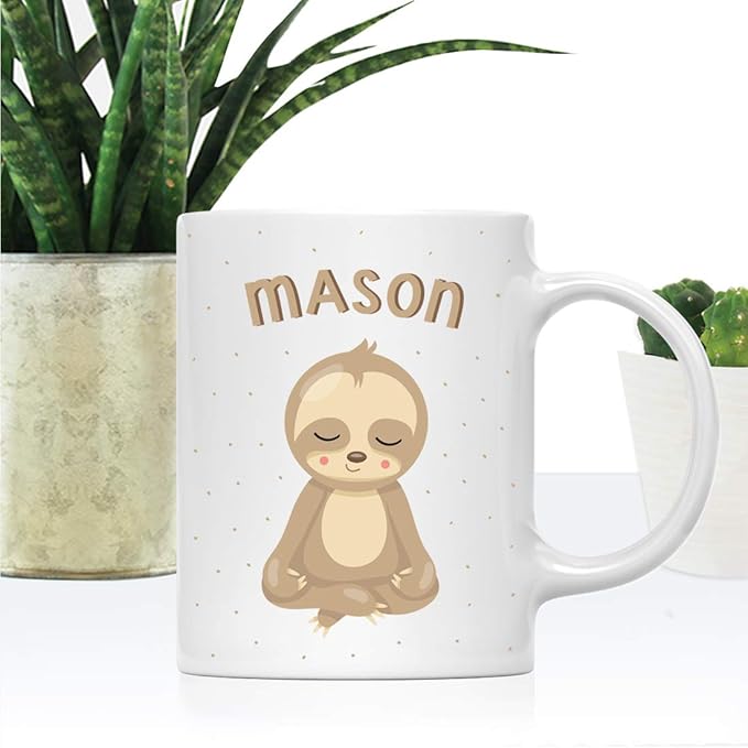 Andaz Press Personalized 11oz. Kids Hot Chocolate Mug, Baby Sloth Yoga Meditation, 1-Pack, Custom Child’s Birthday Christmas Coffee Cup