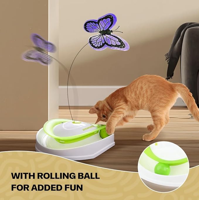 2-in-1 Automatic Interactive Kitten Toy, Fluttering Flashing Butterfly, Rolling Track Ball, Kitty Flutter Toy for Indoor Cats or Small Dog