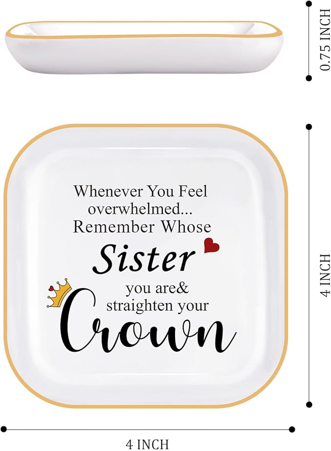 PUDDING CABIN Sister Birthday Gift Jewelry Dish – Remember Whose Sister You Are & Straighten Your Crown – Inspirational Trinket Tray for Big or Little Sister Mother’s Day Christmas Graduation Present