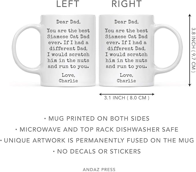 Andaz Press Personalized Funny Dad 11oz. Coffee Mug Gag Gift, Best Siamese Cat Dad, Scratch in Nuts and Run to You, 1-Pack, Custom Cat Lover's Christmas Birthday Ideas, Includes Gift Box
