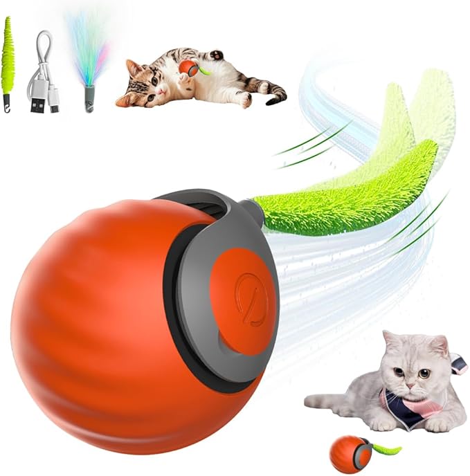 Speedy Cat Toy,Smart Self Rolling Interactive Toy Balls Automatic Moving,Chase Toys for Bored Indoor Kitten/Adult Cats, Rechargable (Orange)