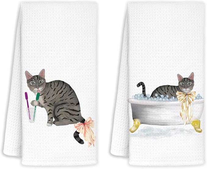 Jvpke Funny Coquette Bow Cat Hand Towels Set of 2, Cat Lover Mom Lady Gifts, Cute Kitty Kitten Hand Towels for Bathroom, Kids Bathroom Decor, 16x24 Inch