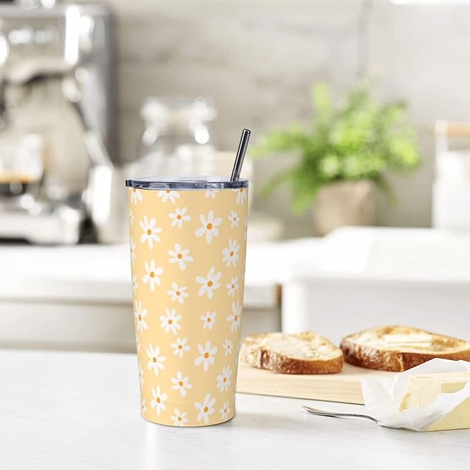Daisy Tumbler 20oz Floral Stainless Steel Insulated Tumblers with Lid and Straw Yellow Travel Coffee Mug Tea Wine Cups Water Bottle Daisy Gifts for Women