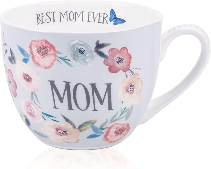 Best Mom Ever Coffee Mug - 20oz Bone China Hug Mug with Floral Design, Thoughtful Mother's Day or Birthday Gifts for Women, Designed in England by Harvest Green Studio