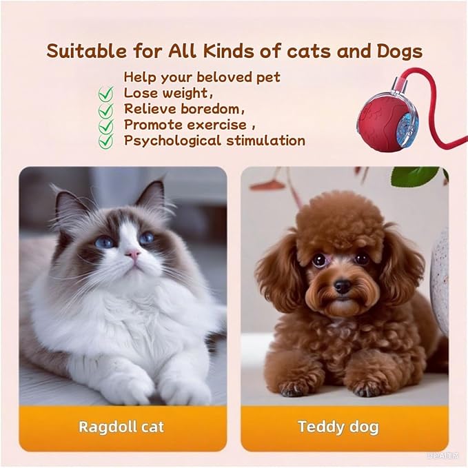 2026 New Interactive Cat Toy Ball for Indoor Cats Dog, Smart 360° Automatic Rolling Pet Ball Kitten Toys with Replace Feather , 3.0 Tail Electric Cat's Toys with LED Light Three Modes Adjustment