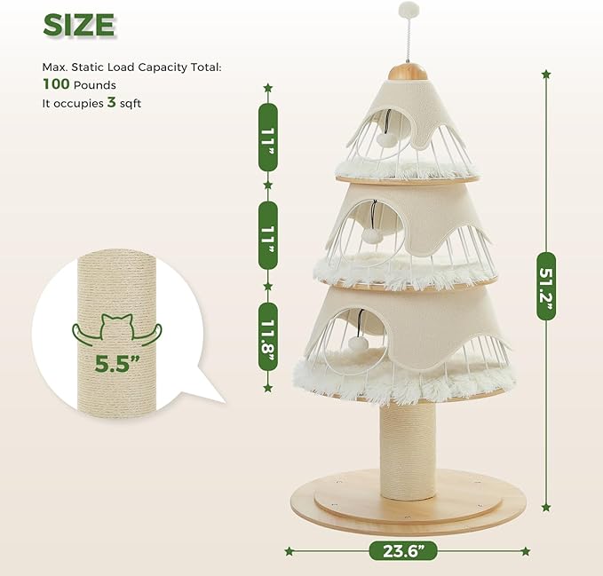 MUTTROS Modern Cat Tree-51.2" Cat Christmas Tree w/Thick Scratch Post(φ5.4in), Wood Cat Tower w/ 3 Condos-Heavy Duty Furniture w/Metal Frame & Replaceable Mat for Indoor Kittens, White