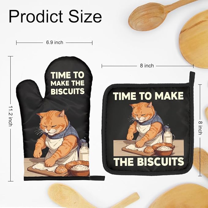 DYJYBMY Time to Make The Biscuits Funny Cat Oven Mitts and Pot Holder Set, Cute Kitchen Gadgets for Pet Lover, Housewarming Gifts for Cat Mom Dad, Bake Lover Gifts for Mom Dad Wife Husband BFF (HS)