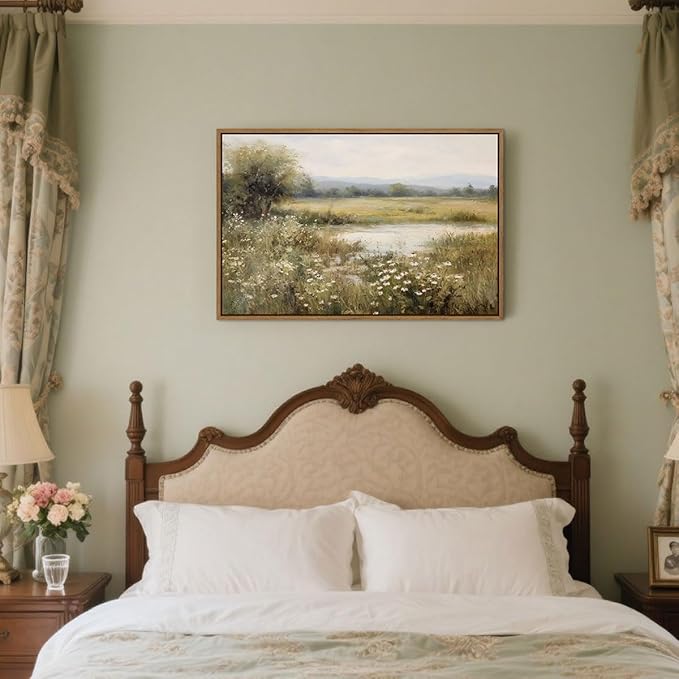 Vintage Landscape Wall Art Spring Wildflower Field Pictures Wall Decor Rustic River Pond Painting Prints Nature Wilderness Scenery Poster Framed for Bedroom Bathroom Home Kitchen Decoration 16x24 Inch