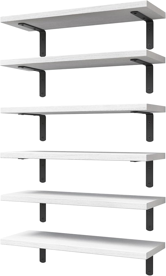 WOPITUES White Floating Shelves Set of 6,Wood for Bedroom,Modern Wall Decor,Bathroom Storage,Book Living Room[Upgraded]-White (HM011A)