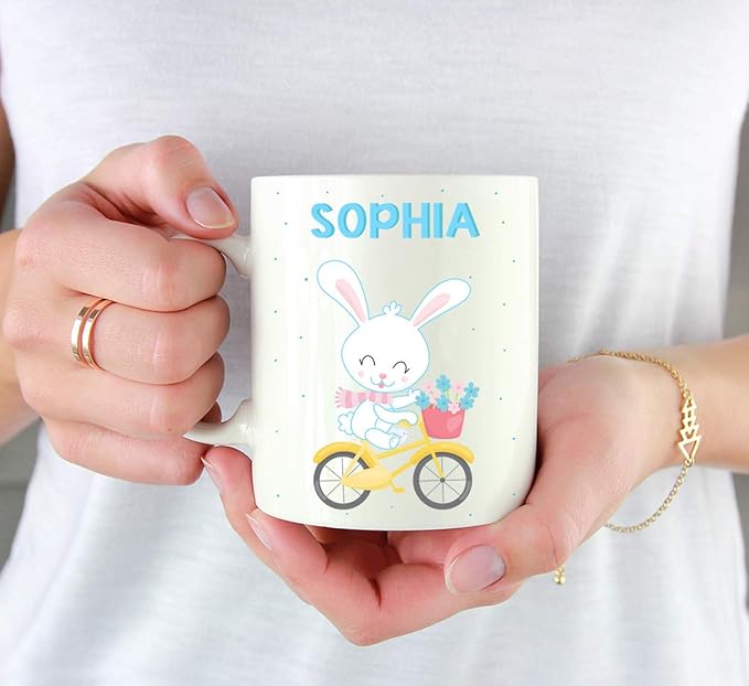 Andaz Press Personalized 11oz. Kids Milk Hot Chocolate Mug, Rabbit Yellow Bicycle, 1-Pack, Custom Child’s Birthday Christmas Coffee Cup
