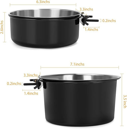 2 Pcs Black Large Pet Dog Food Water Bowl for Cage Stainless Steel Non-Spill Kennel Hanging Cats Bowls with Clamp Holder Crate Feeder Dish for Medium Large Dogs Huge Pets (7.1x3.5'' & 6.3x2.6'')