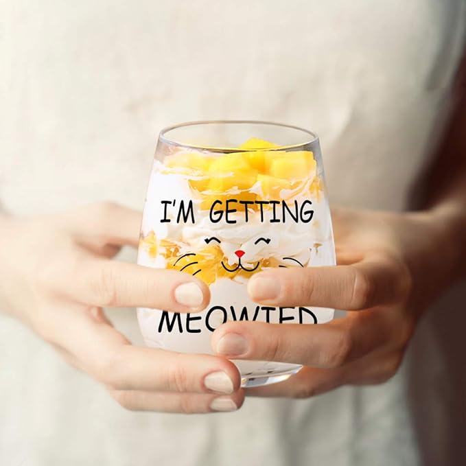 I'm Getting Meowied Funny Wine Glasses - Engagement or Bridal Shower Gift for Cat Lovers, Set of 2 Stemless Wine Glasses, 15 Oz