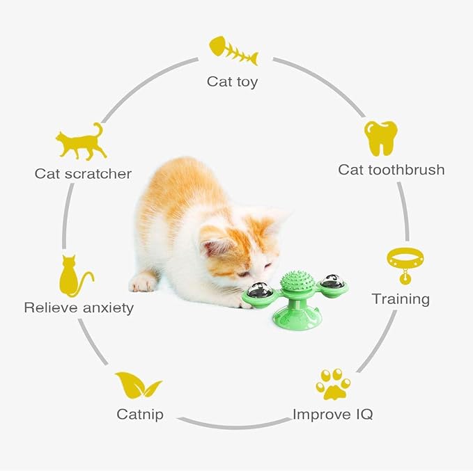 Interactive Windmill Cat Toys with LED Light Ball, Catnip, Suction Cup, Cat Exercise, Green