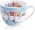 Christmas Skating Mug - 20 oz Bone China Winter Coffee Mugs with Snowy Village, Perfect Holiday and Birthday Gifts for Friends and Family - Designed in England by Harvest Green Studio