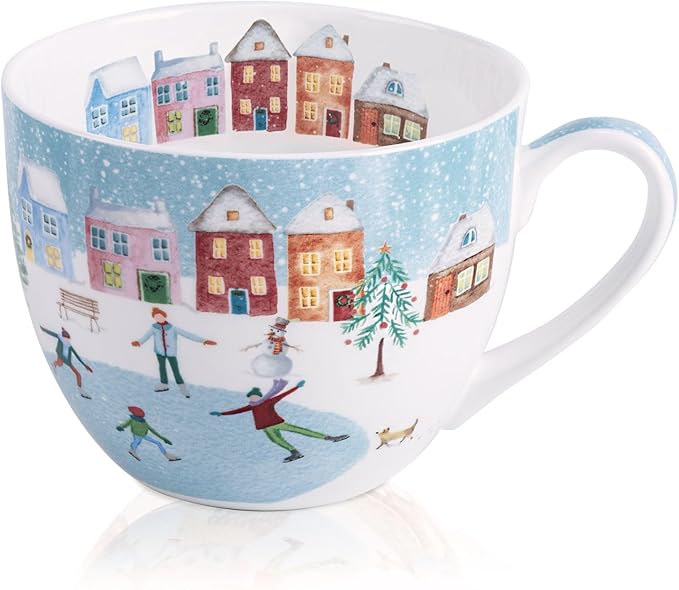 Christmas Skating Mug - 20 oz Bone China Winter Coffee Mugs with Snowy Village, Perfect Holiday and Birthday Gifts for Friends and Family - Designed in England by Harvest Green Studio