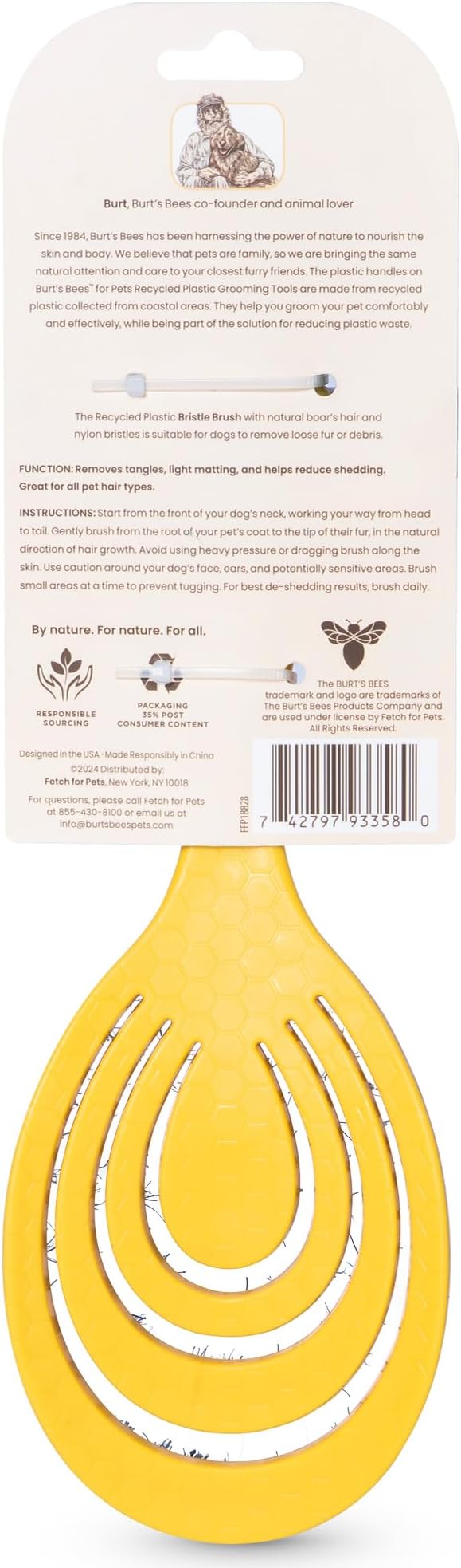 Burt's Bees for Pets Bristle Brush with Natural Boars Hair & Nylon with Handle Made from Recycled Plastics Collected from Coastal Communities - Eco Friendly De-Shedding Dog Brush for Grooming