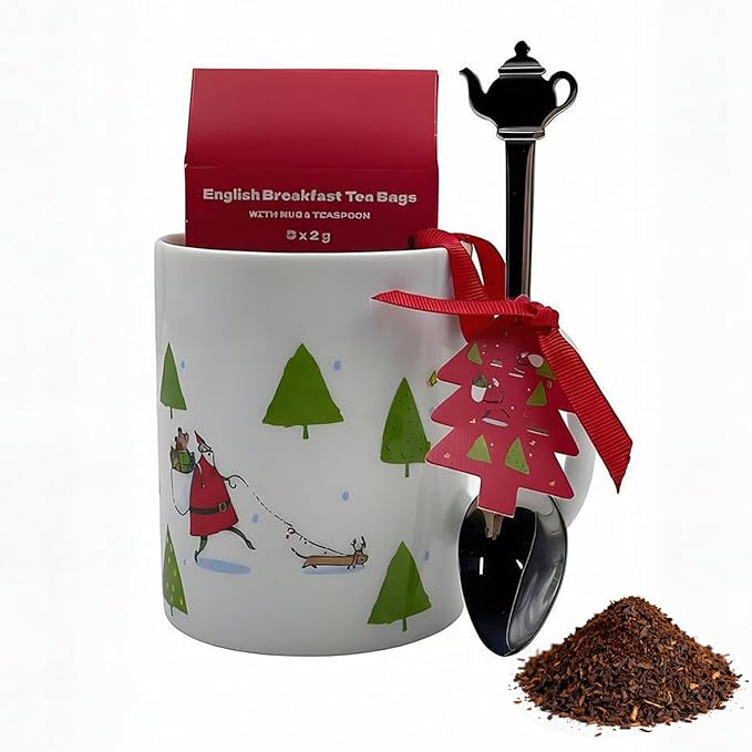 Christmas Holiday Mug Gift — Festive Ceramic Mug with Holiday Illustrations, Includes Tea Bag & Decorative Spoon, Gift Boxed — Perfect Stocking Stuffer, Holiday Hostess Present