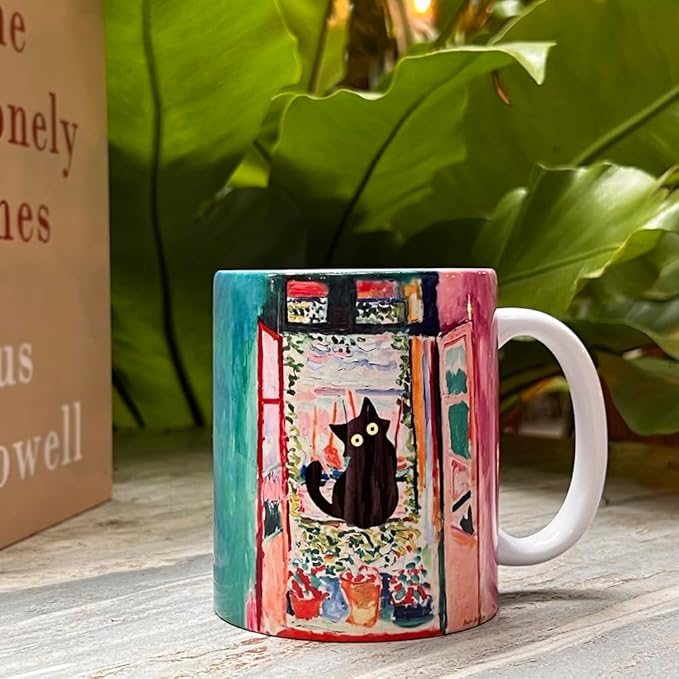 Famous Art Paintings Funny Cat Coffee Mug for Artist Art Lover Teacher Cat Lovers, Famous Picture Classic Vincent Aesthetic Canvas Mug Birthday Gift for Women Man (Open Window)