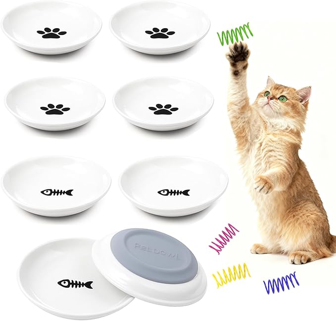Cat Bowls for Indoor Cats, 8 Anti Whisker Fatigue Cat Food Bowl, No Spill Cats Dishes for Food and Water, Ceramic Kitten Bowls Shallow Wide Plates for Pets, Non-Slip Base, with 4 Spring Toys