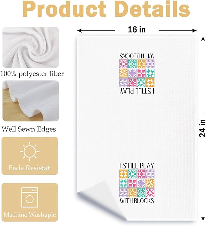Boho Quilting Kitchen Towels, Trendy Rustic Sewing Dish Tea Towels, Quilter Gifts for Women, I Still Play with Blocks Decorative Hand Towel for Bathroom Kitchen, 16x24 Inch