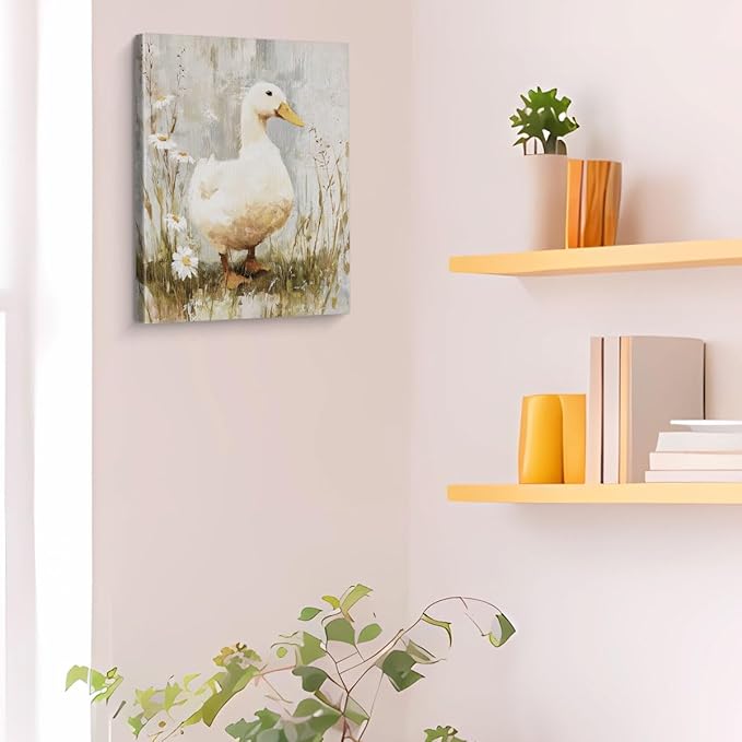 Rustic Floral Duck Canvas Wall Art Vintage Cute Duck Print Painting Cottagecore Wall Decor for Farmhouse Home Living Room 8x10 Inches Framed