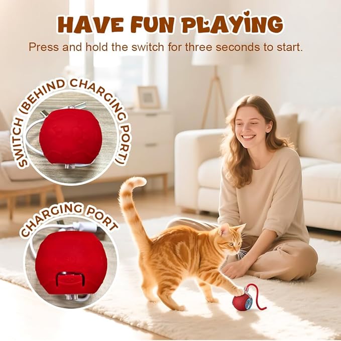 Interactive Cat Toy Balls, 2025 New Interactive Rolling Cat Balls, Upgrade 3.0 Tail Cat‘s Toys with LED Light, Three Modes Smart Automatic Rolling Pet Ball Toy (Yellow（Rope Style）)