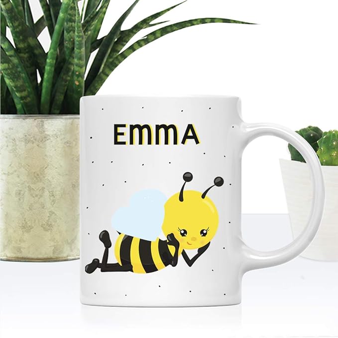 Andaz Press Personalized 11oz. Kids Milk Hot Chocolate Mug, Busy Bee Posture 4, 1-Pack, Custom Child’s Birthday Christmas Coffee Cup