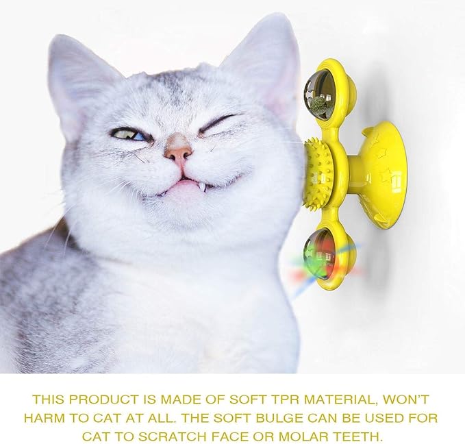 Interactive Windmill Cat Toys with Catnip : Cat Toys for Indoor Cats Funny Kitten Toys with LED Light Ball Suction Cup‖Cat Nip Toy for Cat chew Exercise (Yellow)