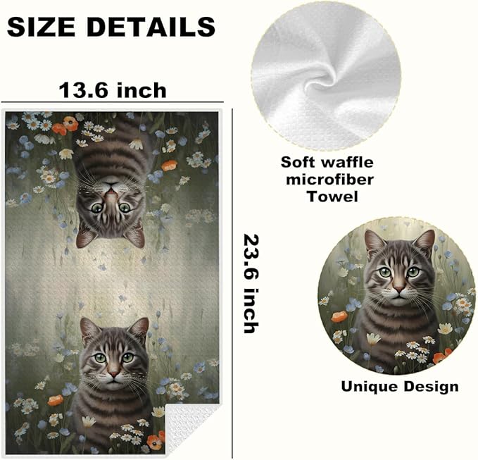 Vintage Cat Kitchen Towels, Watercolor Flower Decorative Absorbent Microfiber Dish Cloth Tea Towel, Aesthetic Floral Waffle Soft Hand Towels for Farmhouse Home Bathroom Kitchen Decor, Cat Lover Gifts