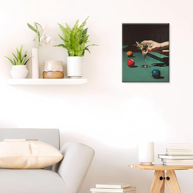 Vintage Dive Bar Martini Canvas Wall Art Billiards Cocktail Print Painting Retro Wall Decor for Bar Kitchen Game Room 8x10 Inches Framed