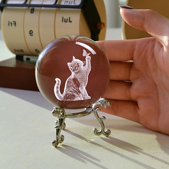 Cat Gifts for Women 3D Crystal Ball 60mm Cat Lover Themed Gift with Stand Gifts for Women Mothers Day Christmas Birthday