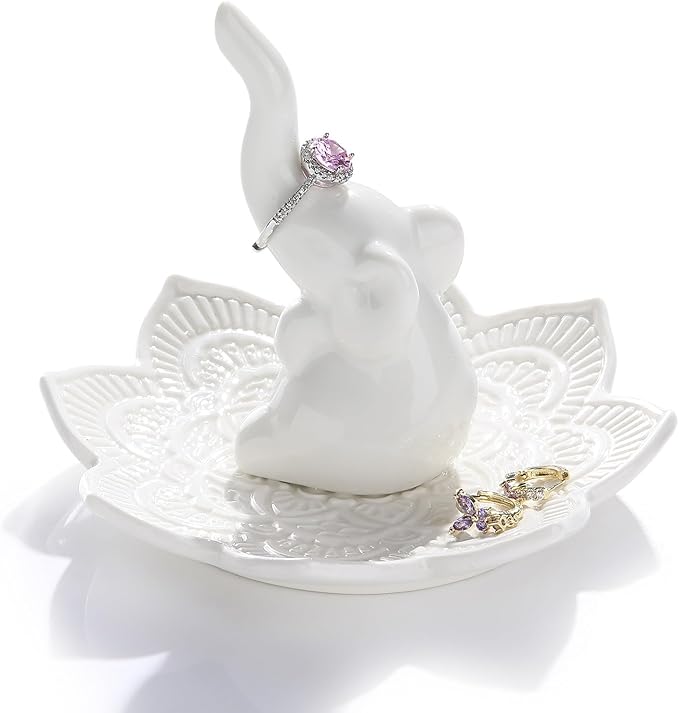 White Elephant Ring Holder with Mandala Jewelry Dish, Boho Decor, Jewelry Holder for Rings Earrings Bracelets, White Elephant Gifts for Adults, Mothers Day Christmas Birthday Gifts for Women