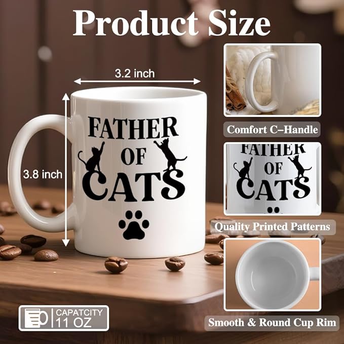 Father Of Cats Ceramic Coffee Mug for Men, Funny 11oz Black Cat Coffee Mug Gifts For Cats Lover, Novelty Fathers Day Christmas Birthday Present, Cat Dad Gifts