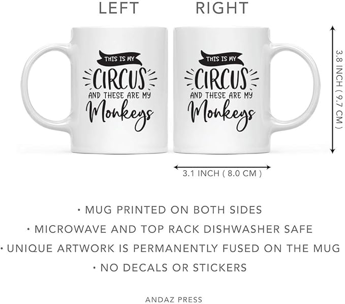 Andaz Press Mother's Day 11oz. Ceramic Coffee Tea Mug Gift for Mom, This is my Circus and These Are My Monkeys, 1-Pack, Birthday Christmas Gift Ideas