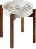 Ceramic 3.2 Cup Raised Slow Feeder Dog Bowl Set, Elevated Acacia Wood Stand for Large Dog, 9.5inch Slow Dish, Preventing Choking(Single Bowl+ Stand, Reactived Glaze -White)