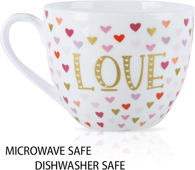 LOVE Heart Coffee Mug - 20 oz Bone China Mugs with Gold LOVE Design and Colorful Hearts, Perfect Gifts for Mom Women Mothers Day, Designed in England by Harvest Green Studio