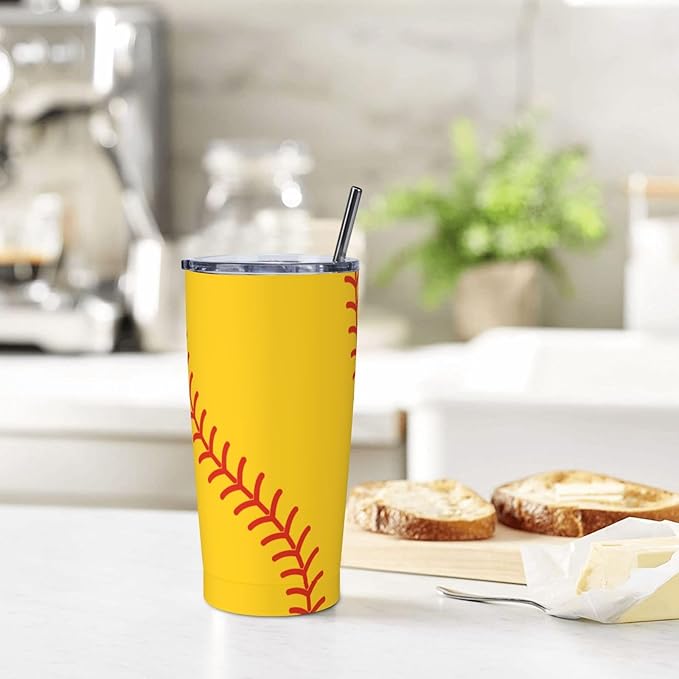 Baseball Tumbler 20oz Baseball Stainless Steel Insulated Tumblers with Lid and Straw Yellow Travel Coffee Mug Tea Wine Cups Water Bottle Holiday Gifts for Women Baseball Lover