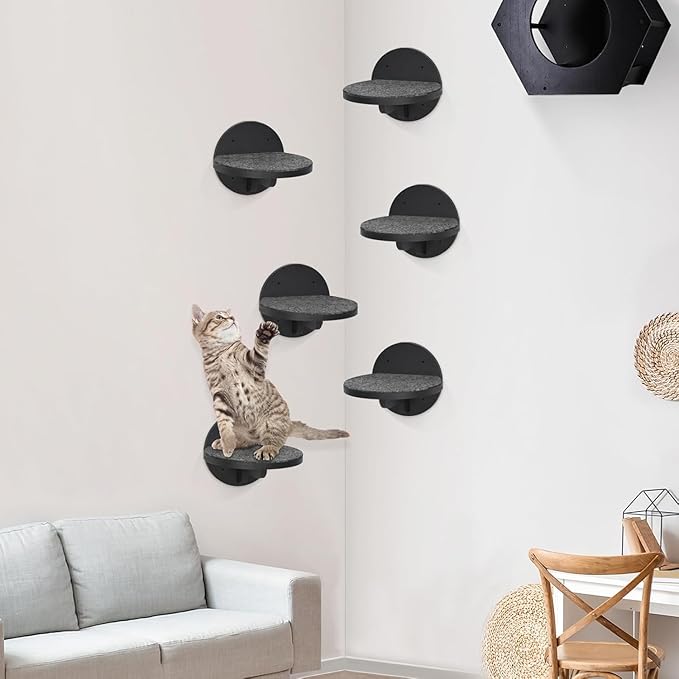 Cat Wall Shelves Furniture Set of 6, Wooden Cat Steps for with Scratching Pad, Sturdy Floating Climber Ladder Stairs, Cats Climbing Wall Systems for Cats Sleep Climb Play